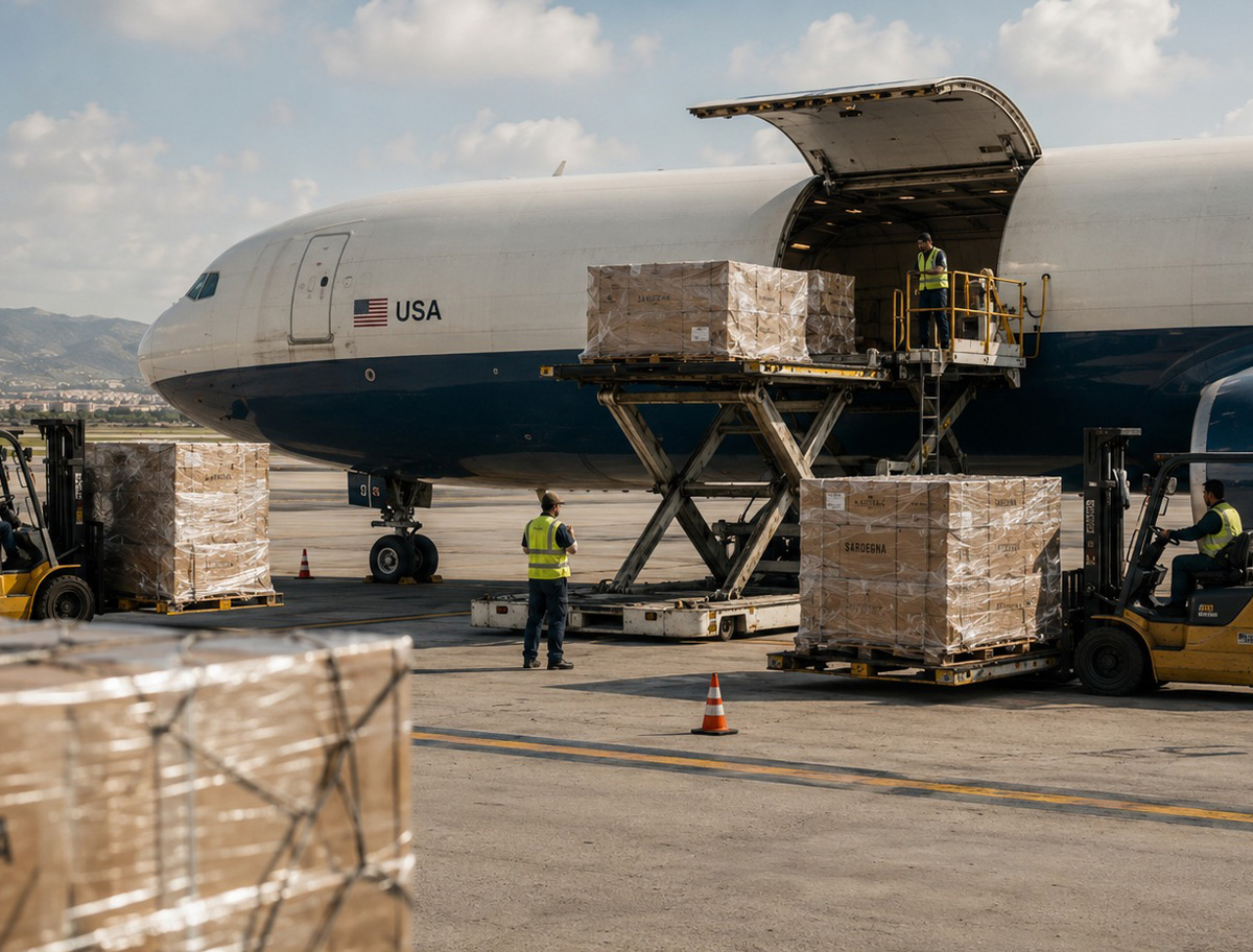 Aereo cargo con prodotti sardi in partenza per i mercati internazionali