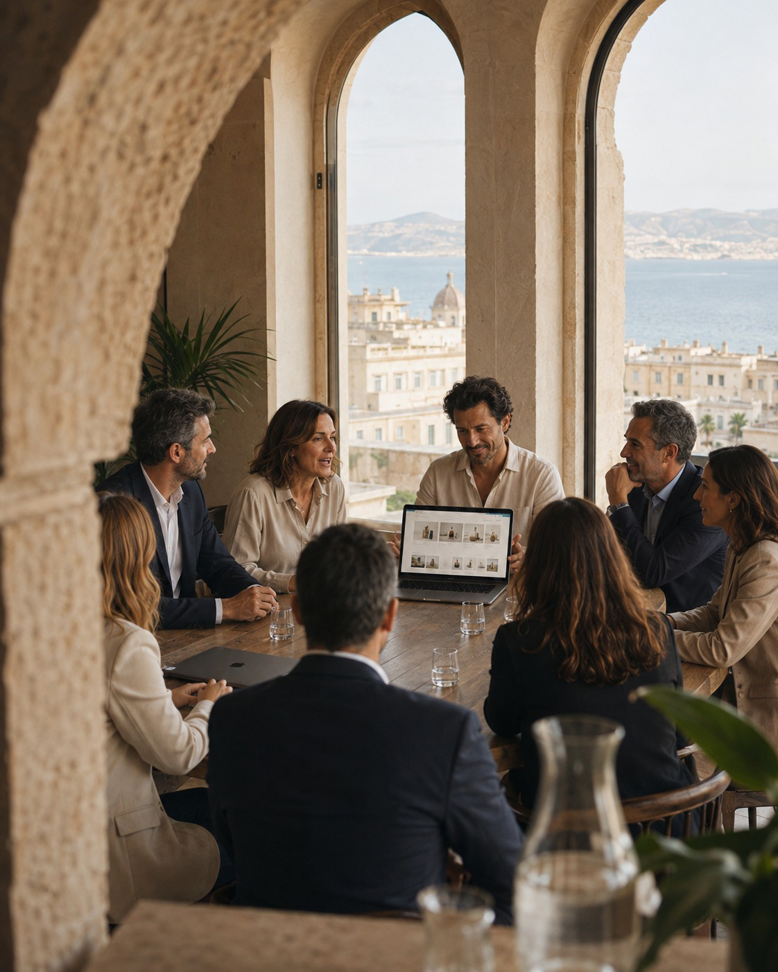Riunione di lavoro con vista sul mare in uno studio mediterraneo