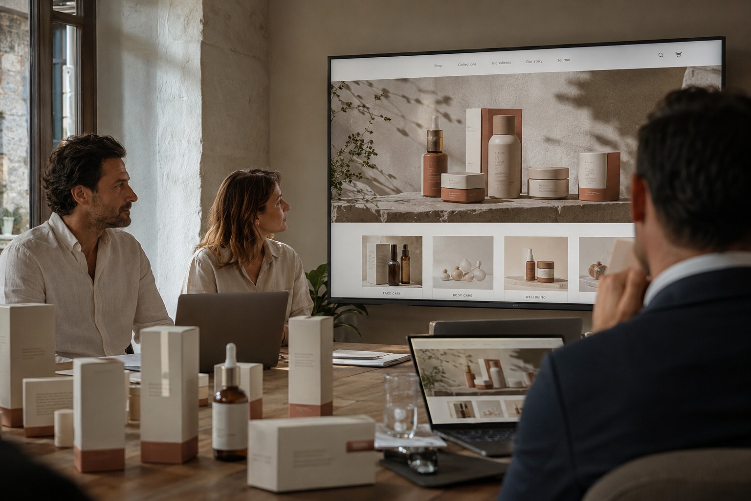 Riunione di team davanti a proposte di packaging su schermo